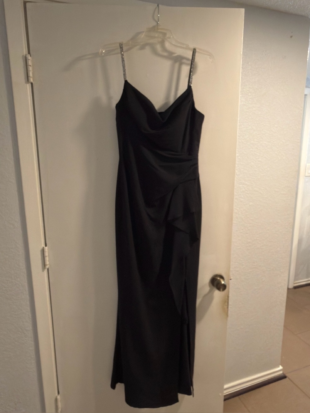 MARINA Black Strapless Evening Gown with Embellished Straps